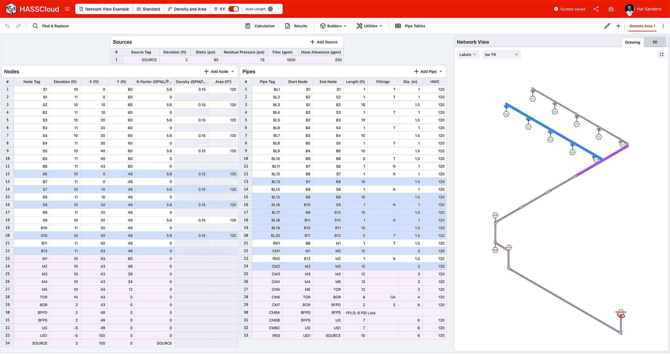 Overview of a system with pipes and nodes selected, mirrored in the spreadsheet